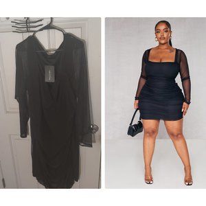Plus size black square neck dress with mesh sleeves